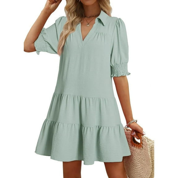 Casual Dresses for Women Lapel Collared V Neck Mid Sleeved Pleated Summer Dresses for Women 2025 Midi Dresses Light Green XL