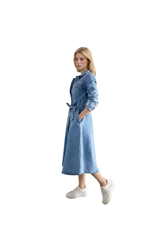 Casual Dresses for Women Long Sleeve Denim Shirt Dress Button Front with Belt and Side Pockets Blue M