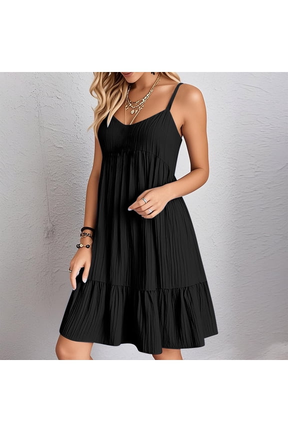 Casual Dresses for Women New Ladies' Summer V-Neck Strap Solid Color Dress Black S-3Xl