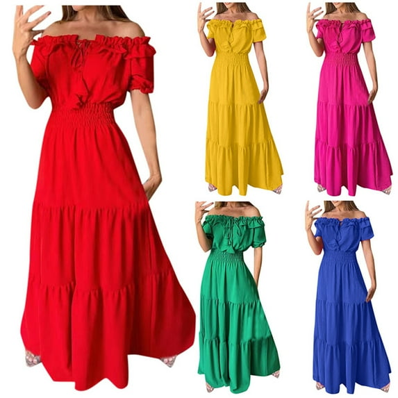 Casual Dresses for Women Off Shoulder Puff Sleeve Fashion Solid Color Ruffled Flowy Maxi Dress Rd2 Beach Long Outfits L