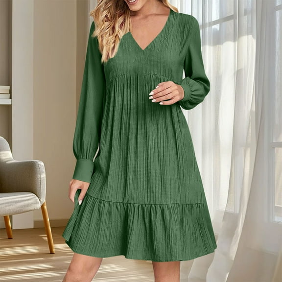 Casual Dresses for Women Plus Size, Women Summer V-neck Loose Solid Color Pleated Casual High Waisted Lace Long Sleeved Dress(Olive Green,M)