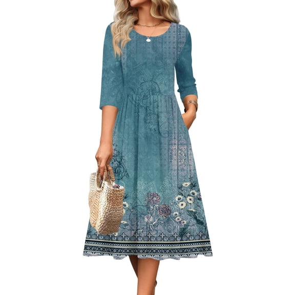 Casual Dresses for Women Printed Long Sleeve Crew Neck Maxi Flowy Dress with Pocket Long Dress with Long Sleeves, 4-Blue L