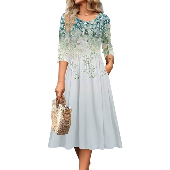 Casual Dresses for Women Printed Long Sleeve Crew Neck Maxi Flowy Dress with Pocket Long Dress with Long Sleeves, 4-Gray S