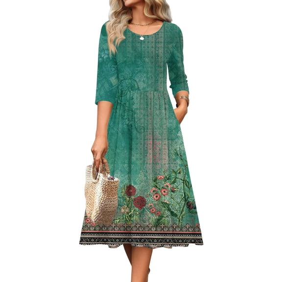 Casual Dresses for Women Printed Long Sleeve Crew Neck Maxi Flowy Dress with Pocket Long Dress with Long Sleeves, 4-Green L