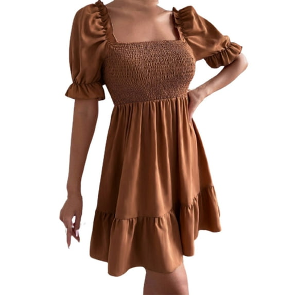 Casual Dresses for Women Ruffle Puff Short Sleeve Solid Color Swing Dress Smocked Sqaure Neck Sweet and Cute Mini Dress
