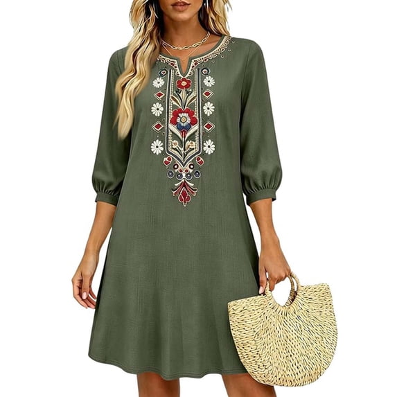Casual Dresses for Women Sawvnm Women's Boho Embroidered Tunic Dress V Neck 3/4 Sleeve Casual Loose Mini Dress For Summer Beach