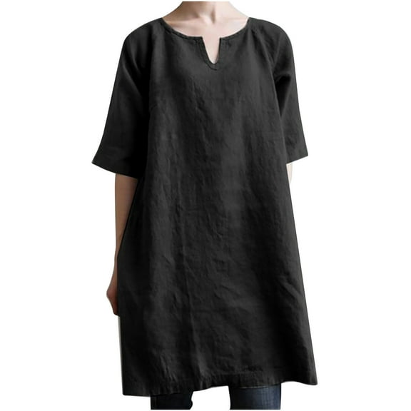 Casual Dresses for Women Short Sleeve Cotton Linen Comfy Short T Shirts Dress V Neck Solid Loose Mini Dress Tops Blouse