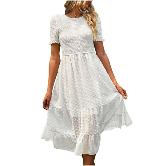 Casual Dresses for Women Short Sleeve Smocked Summer Long Dress Swiss Dots Ruffle Tiered Flowy Swing Vacation Sundress