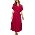 thumbnail image 1 of Casual Dresses for Women Solid Color Printed V Neck Short Sleeve Pleated Long Maxi Dress Ladies Beach Summer Dresses, 1 of 7