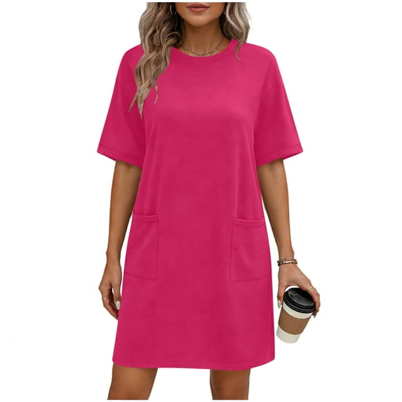 Casual Dresses for Women Solid Color Short Sleeve Crewneck Mini Dress Comfort T shirt Dress with Pockets