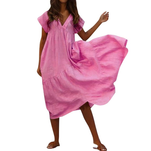 Casual Dresses for Women Solid Color V-Neck Short Sleeve High Waist Loose Irregular Dress Ladies Beach Summer Dresses