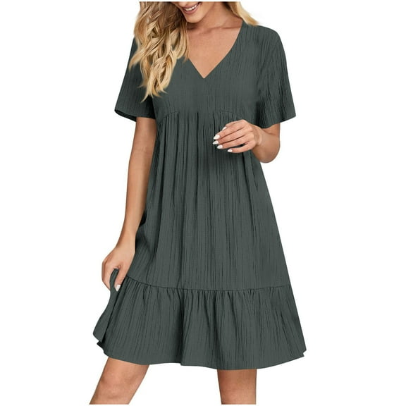 Casual Dresses for Women Summer 2025 Trendy Short Sleeve V Neck A Line Pleated Ruffle Flowy Loose Midi Beach Dress