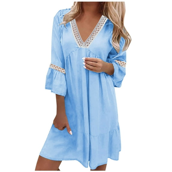 Casual Dresses for Women Summer Cute Bell Half Sleeve Baby Doll Dress Hollowed Lace Patchwork V Neck Loose Dress
