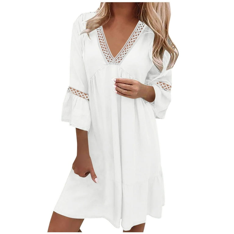 Casual Dresses for Women Summer Cute Bell Half Sleeve Baby Doll Dress Hollowed Lace Patchwork V Neck Loose Dress