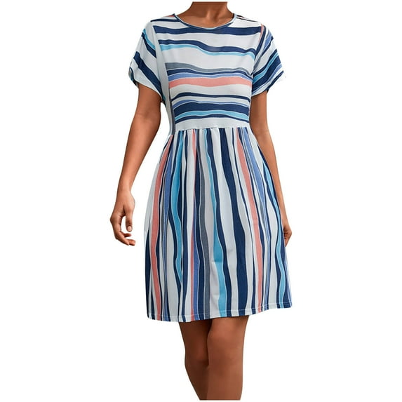 Casual Dresses for Women Summer Striped Short Sleeve Loose Short Tshirt Dress Crewneck Tunic A Line Beach Dress