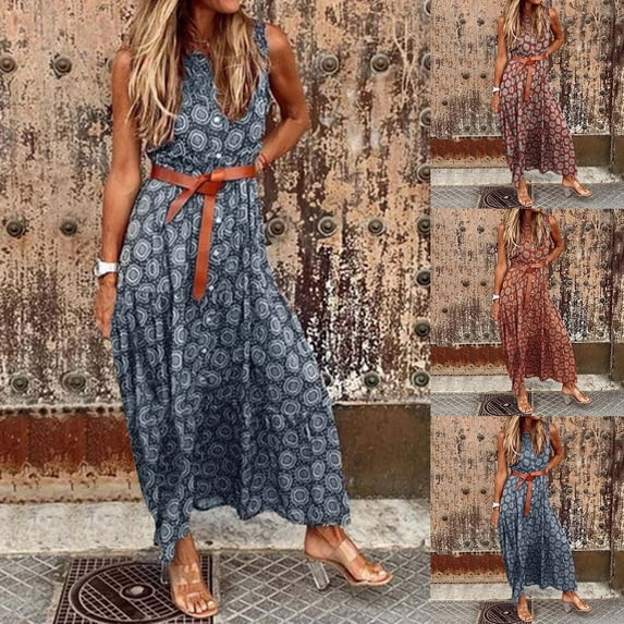 Casual Dresses for Women Trendy Floral Print High Waisted Pleated Flowy A Line Maxi Dress Blue Beach Long Outfits L