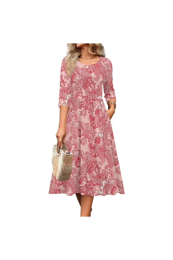 Casual Dresses for Women V-Neck 3/4 Sleeve Floral Print Loose A-Line Knee Length Swing Dress Easter Daily Wear with Pockets