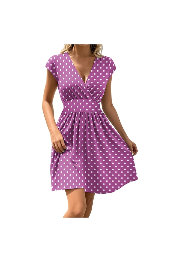 Casual Dresses for Women V-Neck Solid Short Sleeve Waisted Mini Dress A-Line Party Dress with Pockets