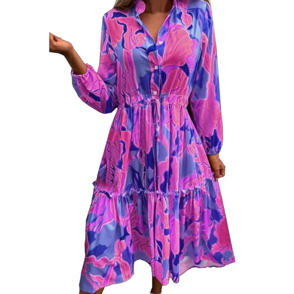 Casual Dresses for Women Winter Fall Long Sleeve Fashion Print Button Loose Trousers Dress