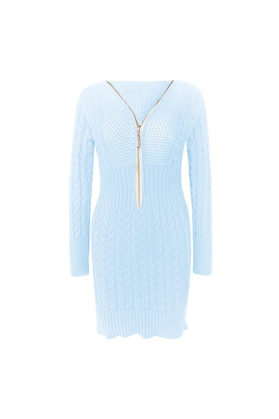 Casual Dresses for Women Women Polo Neck Long Slim Fitted Dress Bodycon Turtleneck Cable Knit Sweater Blue,2XL