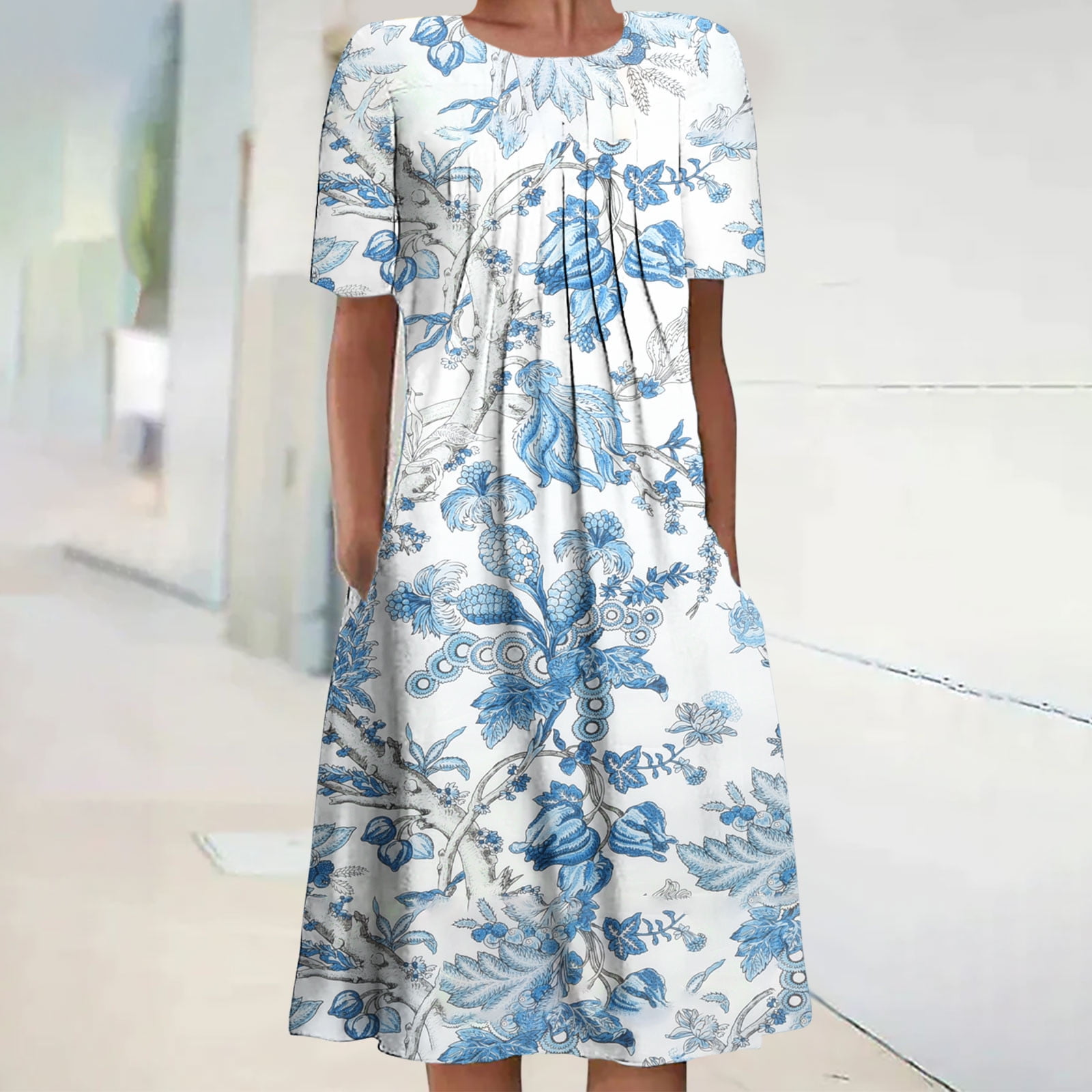 ZVAVZ Casual Dresses for Women Women's Summer Bohemian Print Short Sleeve Beach Dress Knee Length Dress Ropa De Mujer