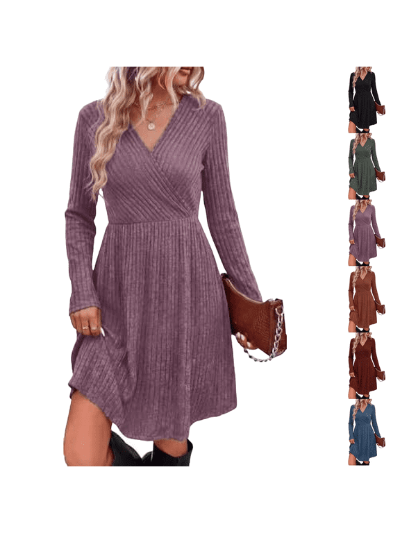 Casual Dresses for Women Wrap V Neck Ribbed Petite Mini Dress Surplice Neck A Line Fall Work Dresses