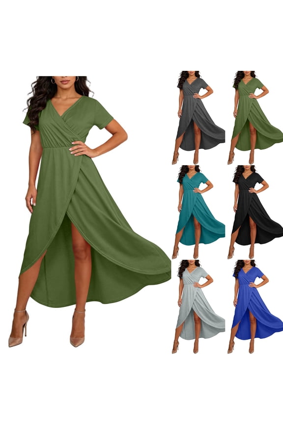 Casual Dresses for Women Wrap V-Neck Short-Sleeve Maxi Dress With High Slit Multiple Colors Floral Vocation Beach Sundress