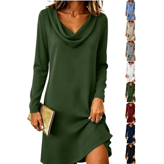 Casual Dresses for Women Zaewscy Fashion Women Casual Solid Fitted Dress Long Sleeve Turtleneck Dress Green XXL