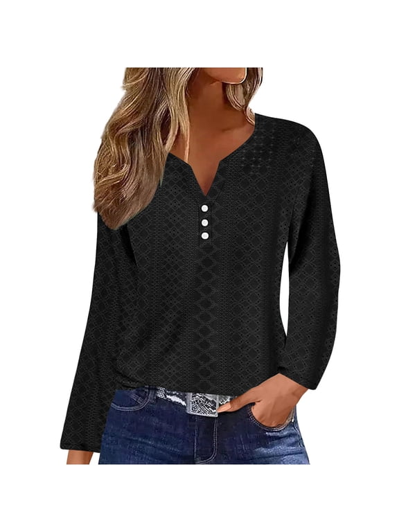 Casual Dressy Blouses for Women V Neck Long Sleeve Tops with Eyelet Button Down Loose Fitted Tops