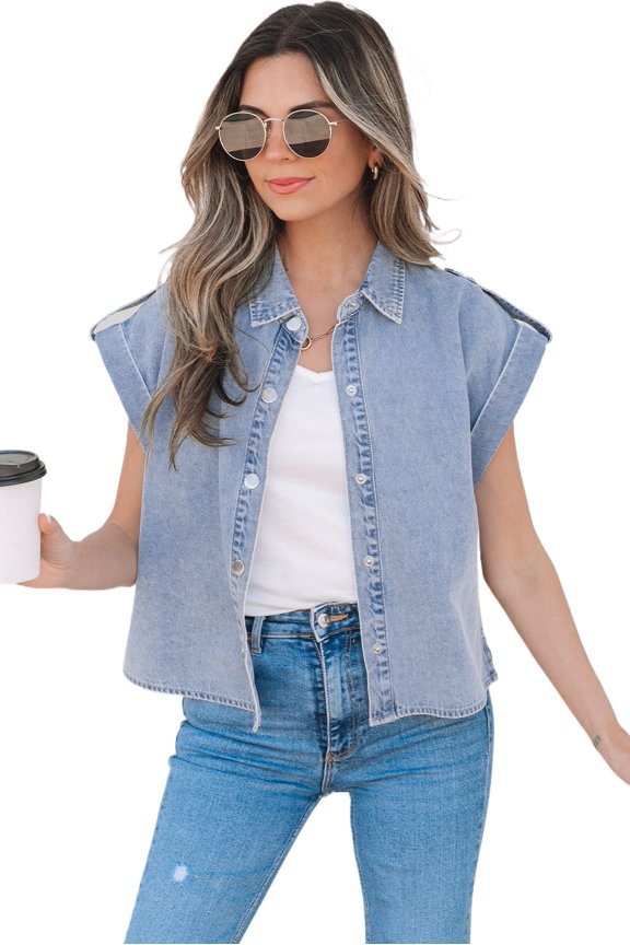 Casual Dusk Blue Denim Shirt with Button Detail and Folded Cap Sleeves - [ZhiHiMeRi] | (US 8-10)M