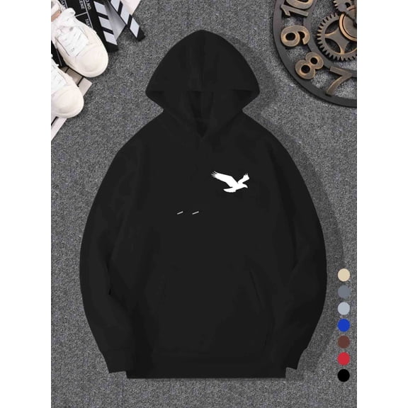 Casual Eagle Print Hoodie - Stylish Long Sleeve Pullover with Drawstring, Black with White Bird Design, Comfortable and Versatile for Fall/Winter