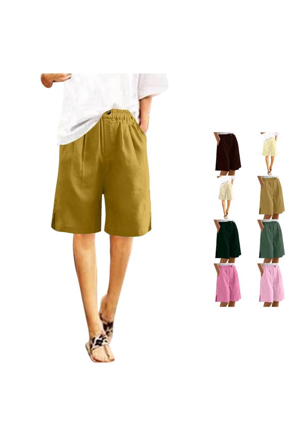 Casual Elastic Waist Split Shorts with Pockets for Summer Daily Wear Womens Dress Casual Pants S