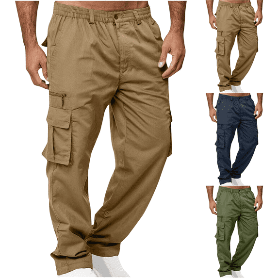 Casual Elastic Waist Work Pants For Man Lightweight Outdoor Hiking Sweatpants with Buttons Zippers and Multiple Pockets