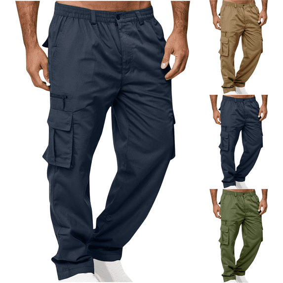 Casual Elastic Waist Work Pants For Man Lightweight Outdoor Hiking Sweatpants with Buttons Zippers and Multiple Pockets