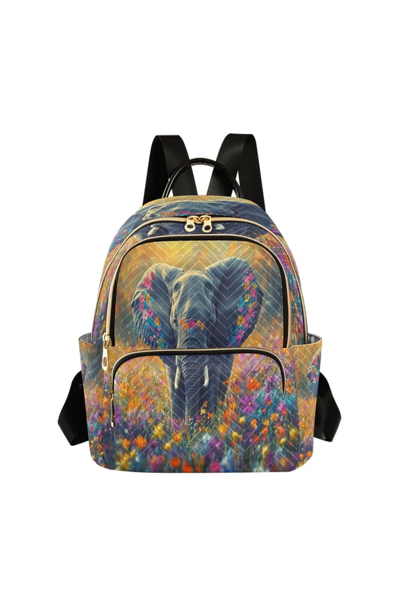 Casual Elephant in Colorful Flower Field Backpack for School,College and Travel, Water Resistant Bookbag,