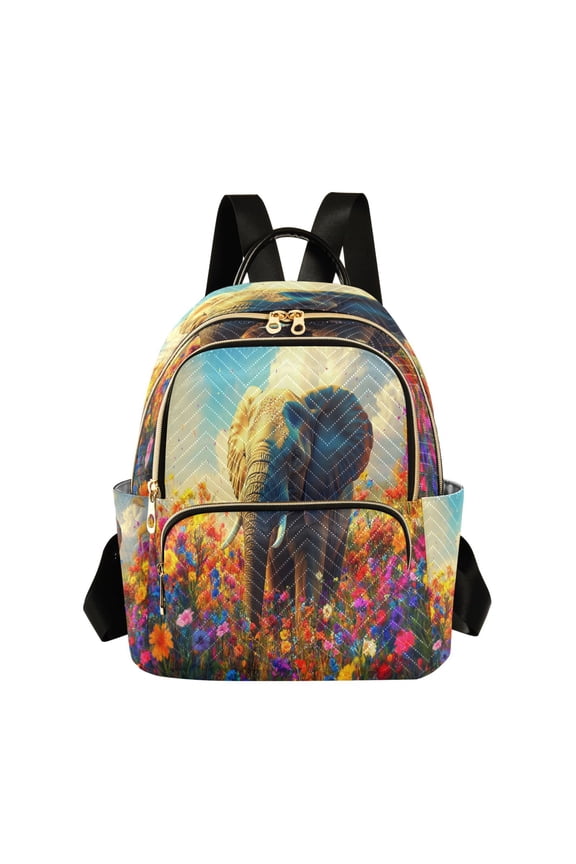 Casual Elephant in Colorful Flowers Backpack for School,College and Travel, Water Resistant Bookbag,