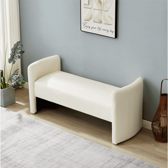 Casual End of Bed Bench, Simple Cat Claw Cloth Ottoman Entryway Bench with Solid Wood Frame, H-Shaped Upholstered Sofa Stool with Arms for Bedroom Living Room Hallway, Beige
