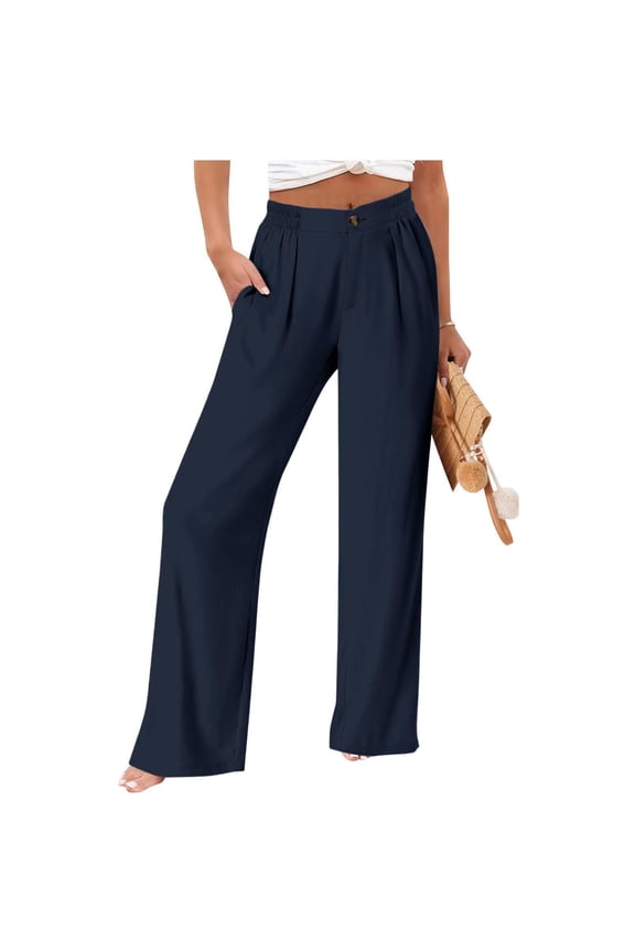 Casual Essentials Women's Pants Linen Blend High Waisted Relaxed Fit Wide Leg Pant Tummy Control Botton Closure Solid Color Womens Trousers (Available in Plus Size)