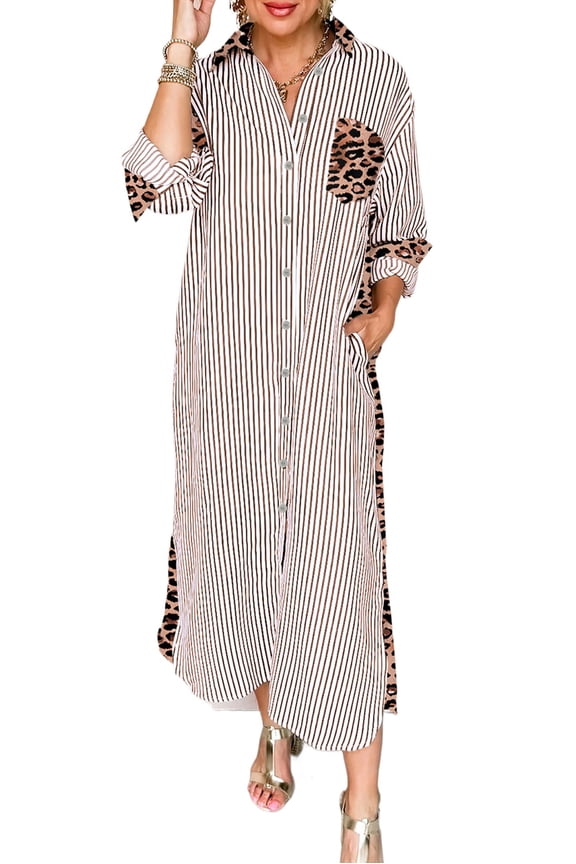 Casual Fall Leopard Print Long Shirt Dress for Women – Brown Stripe Details | L