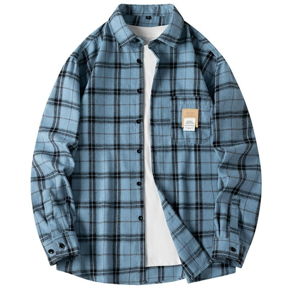 Casual Fashion Men's Long Sleeve Plaid Shirt With Pockets Button-up Jacket