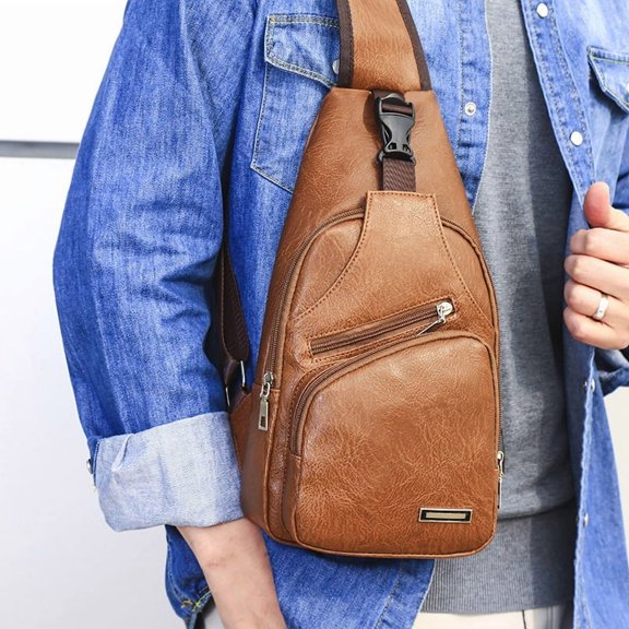 Casual Fashion Men's USB Charging Chest Bag,Light Brown