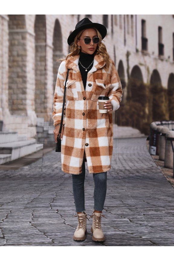 Casual Faux Shearling Midi Long Plaid Shirt Coats (M, Brown)