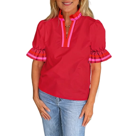 Casual Fiery Red Patchwork Blouse with Ruffled Collar – Short Sleeve Style for Summer Outings, L