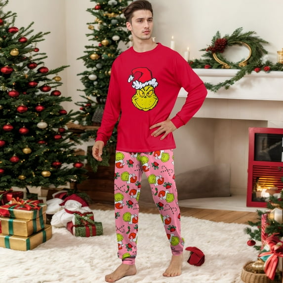 Casual Fitted & Comfort Green Pajamas - Crewneck Christmas Pajamas Set, Green Print Tops & Pants, Matching Christmas Pajamas for Family, Premium Pajamas for Women Set(Men, XL)