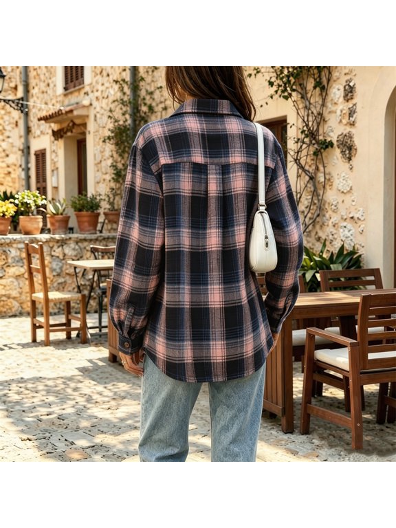 Casual Flannels Womens Button Down Long Sleeve Warm Shirts Soft Layered Plaid Tops Trendy Workout Purple Pink M