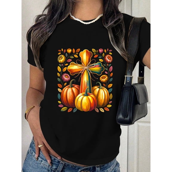 Casual Floral Cross Pumpkins Graphic Tee Richly Colored Design Vibrant Autumn Harvest T-Shirt Top Black S-5XL