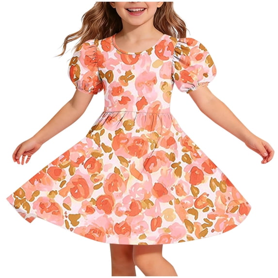Casual Floral Dresses Girls Kids Puff Sleeve Cross Back Summer Dress Round Neck Trendy Aline Swing Outfits Orange, 6 Years