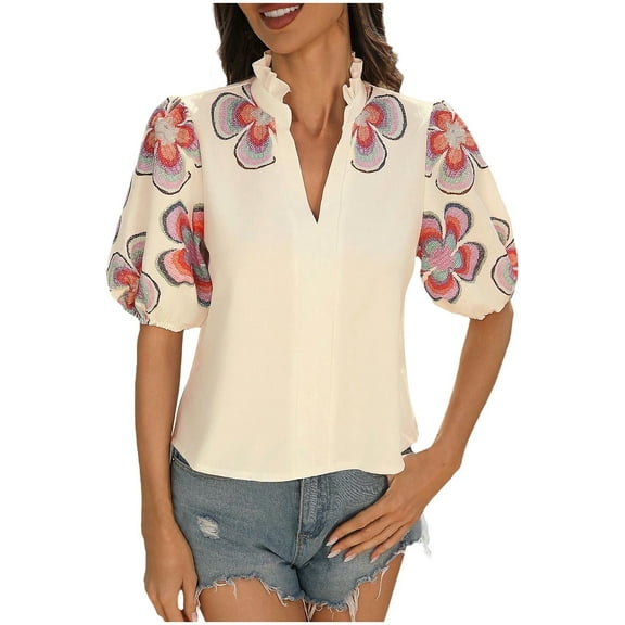 Casual Floral Embroidered Tops for Women Flowy Ruffle V Neck Puff Sleeve Top Summer Loose Boho Peasant Blouse Shirts Beige Womens Tops