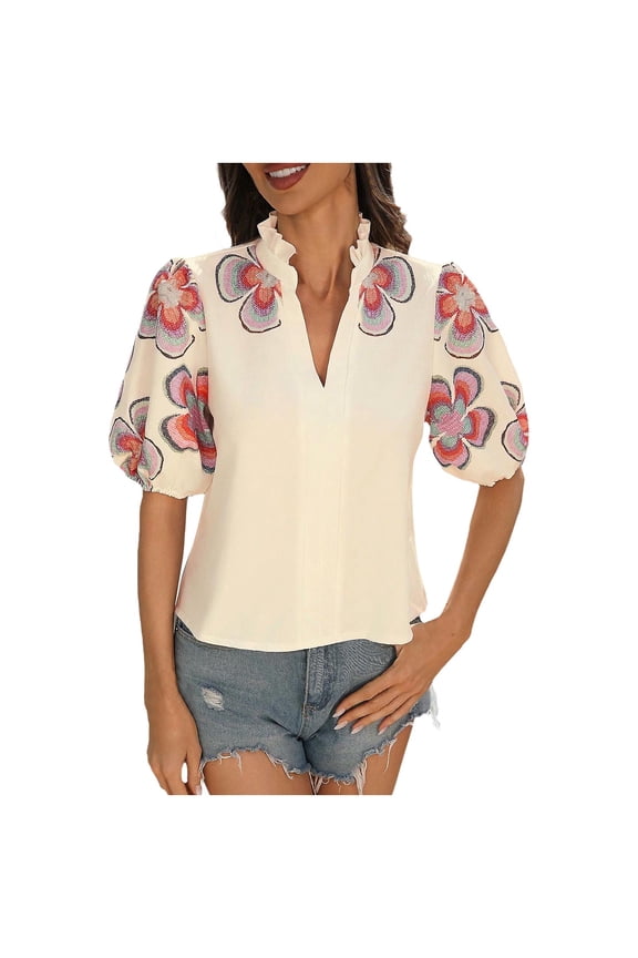 Casual Floral Embroidered Tops for Women Flowy Ruffle V Neck Puff Sleeve Top Summer Loose Boho Peasant Blouse Shirts Beige Womens Tops
