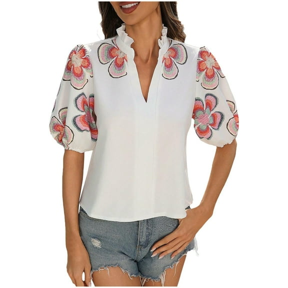 Casual Floral Embroidered Tops for Women Flowy Ruffle V Neck Puff Sleeve Top Summer Loose Boho Peasant Blouse Shirts Red Womens Tops